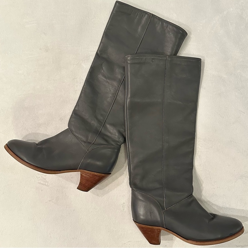 Vintage FRYE Dark Gray Leather Pull On Tall Heeled Boot Sz 7M C2163 cuff or tall - Picture 3 of 14